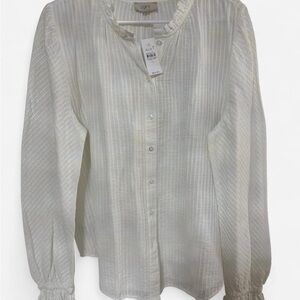 LOFT White Long Sleeve Neck and Cuff Ruffled Button Down Blouse